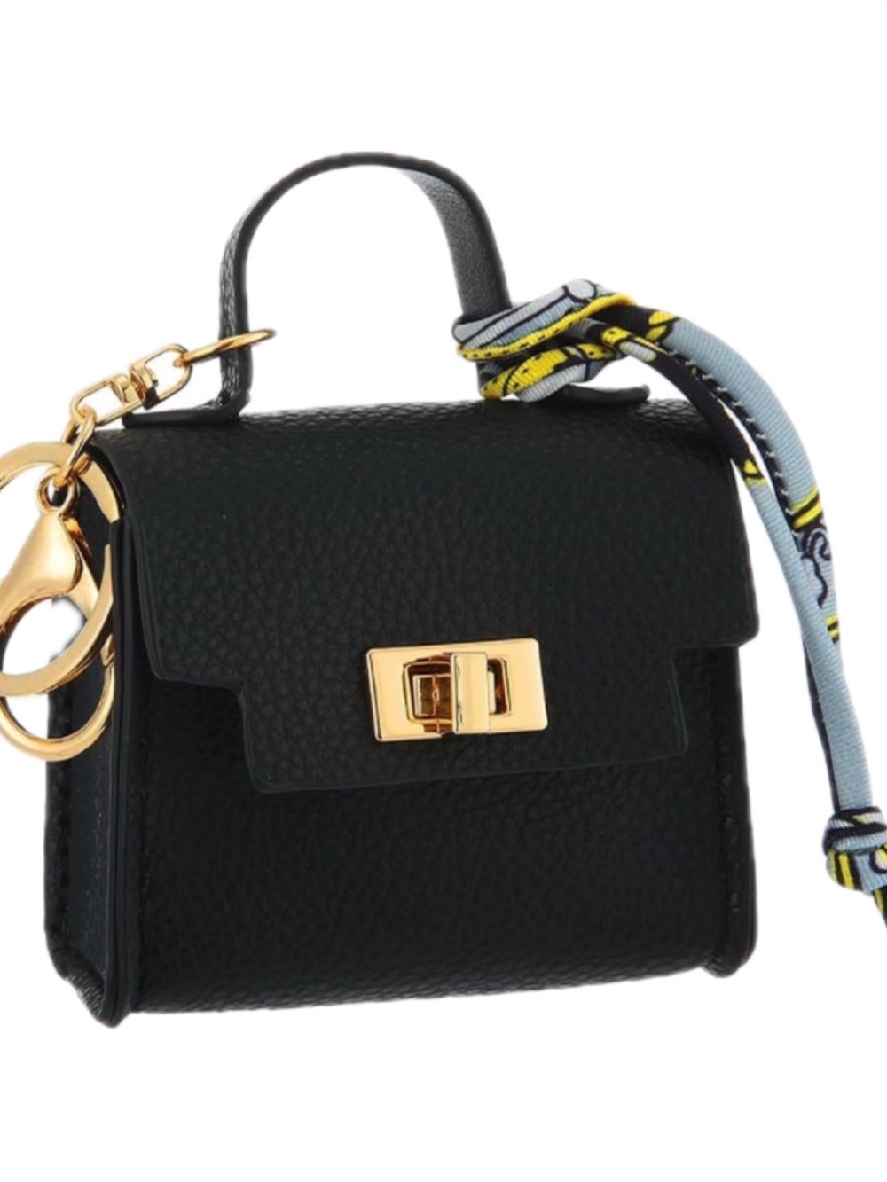 Black Leather Mini Keychain Bag with Gold Hardware